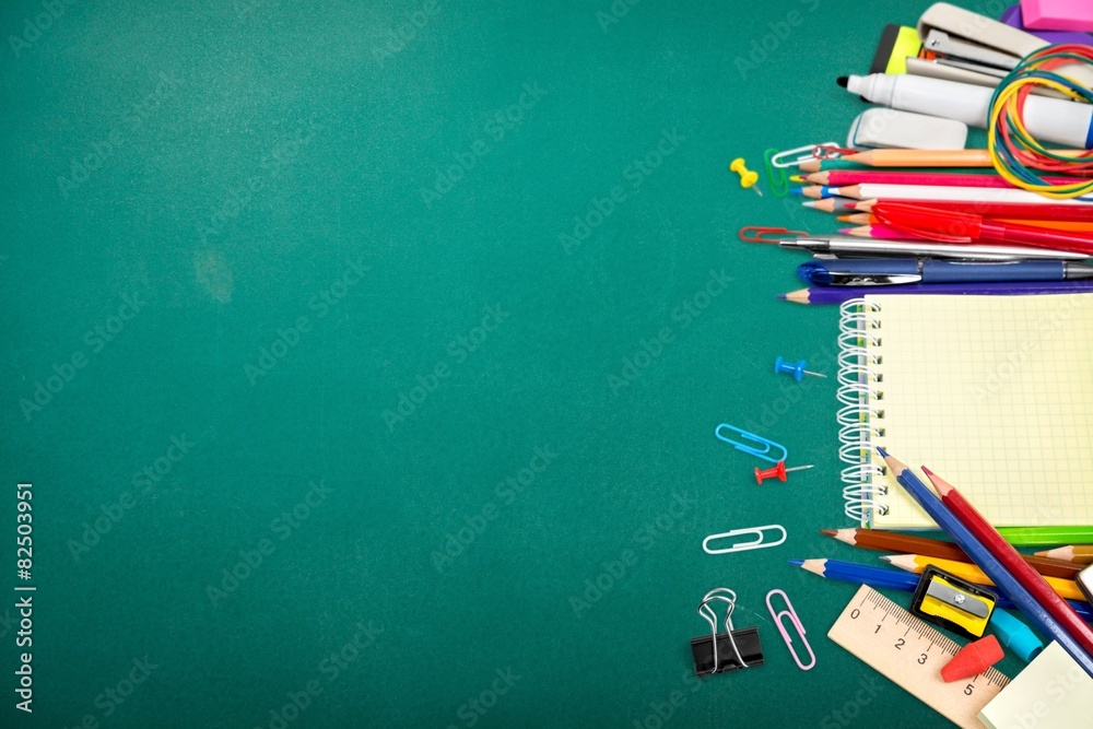 School. School stationery isolated over white with copyspace