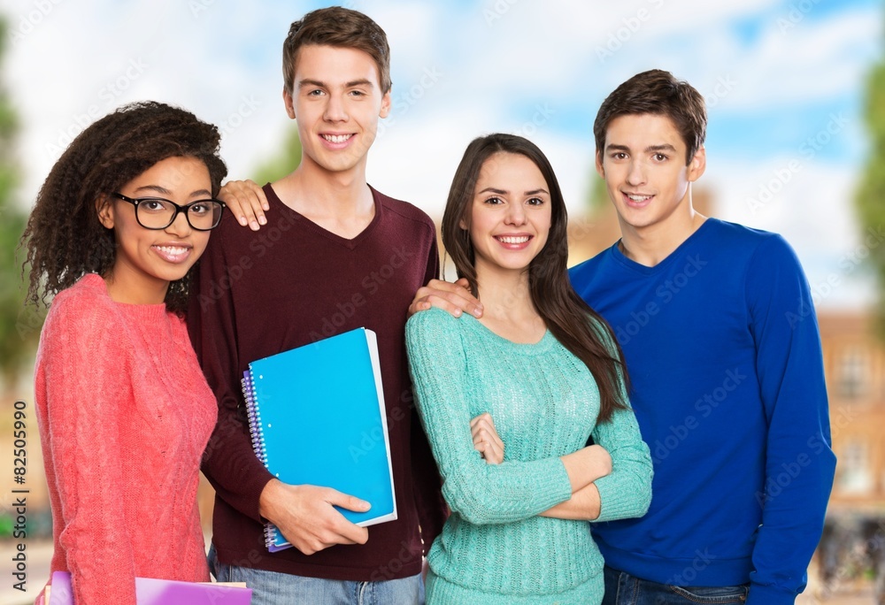 International. Group of happy students on a white background