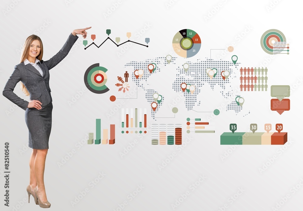 Abstract. Beautiful businesswoman pointing at big 3d chart