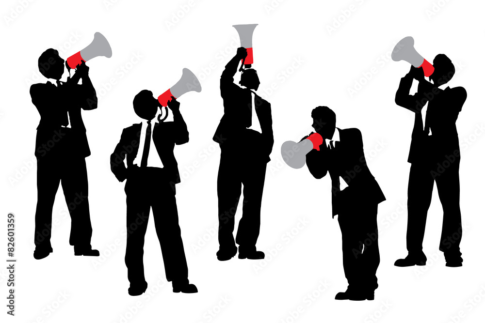 Business men shouting by megaphone