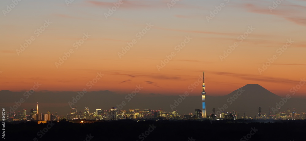 东京城市景观，东京天空树和富士山。