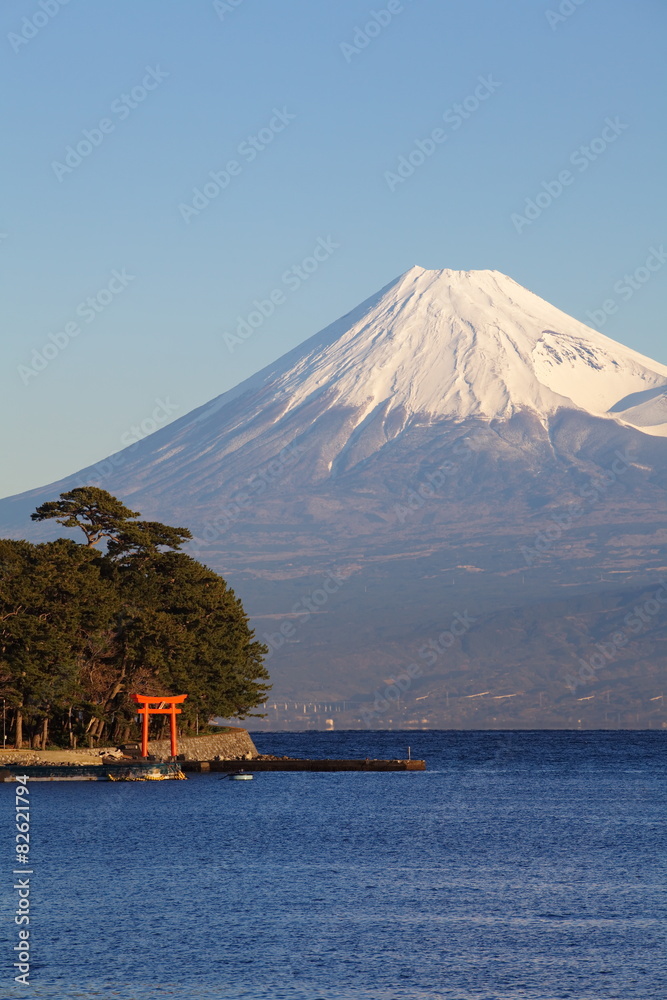 静冈县伊豆市的富士山和大海。