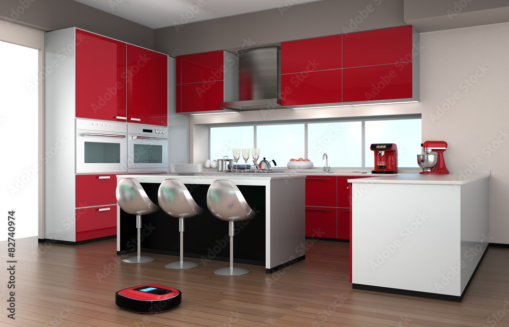 Robotic vacuum cleaner in a modern kitchen interior