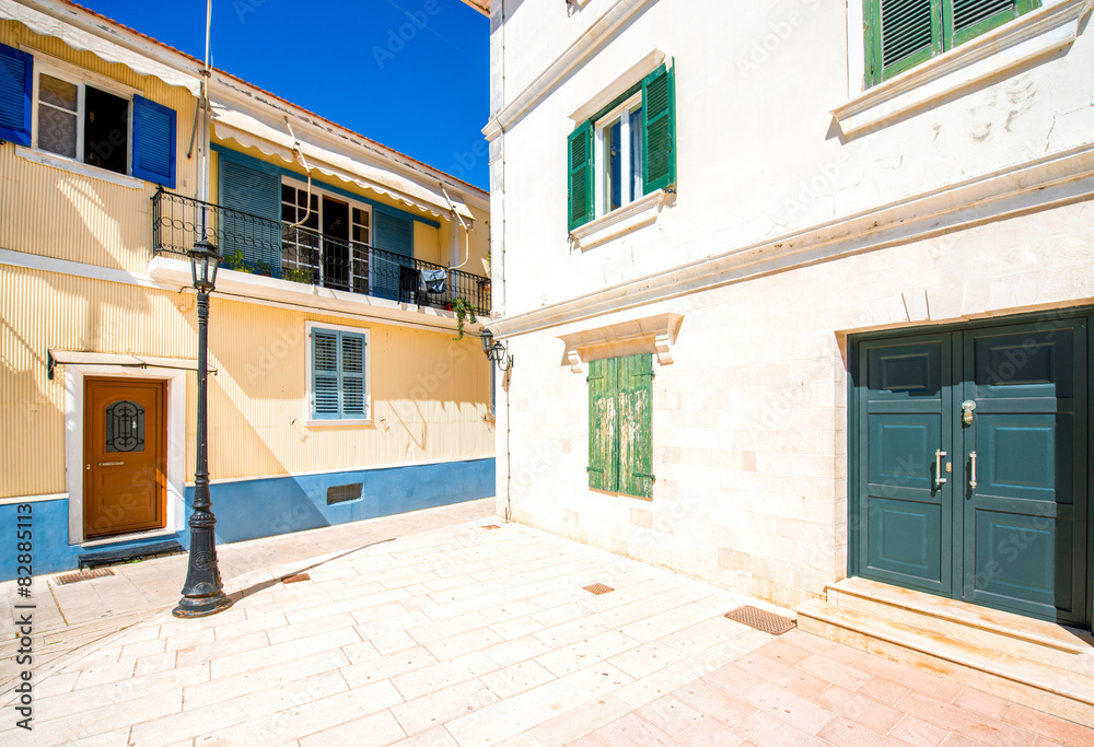 Street view with colorful old houses in Greece