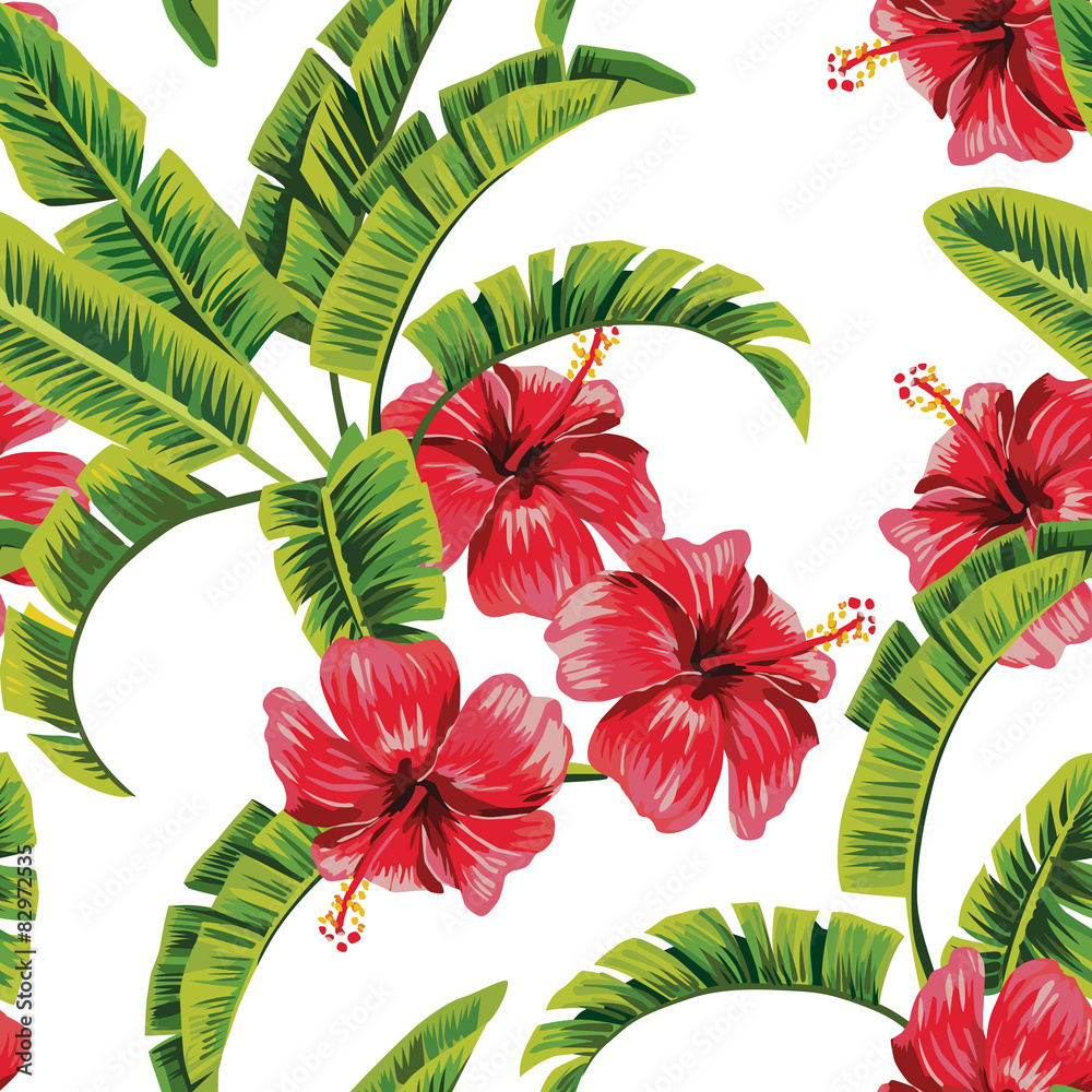 tropical flowers and plants seamless background