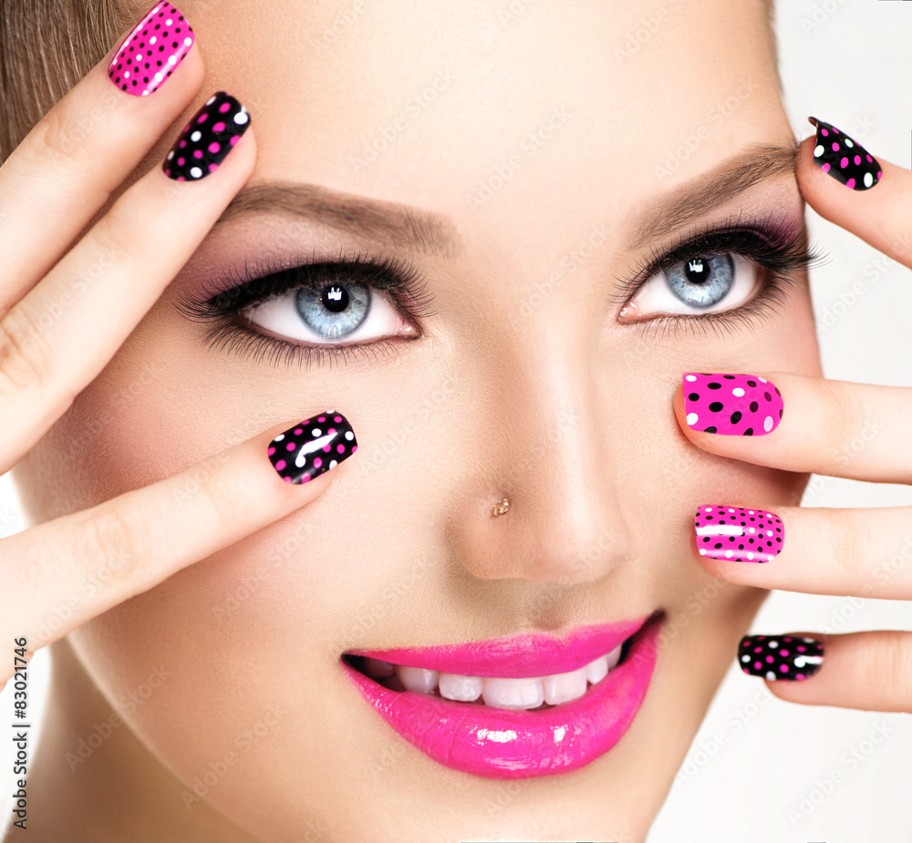 Woman portrait close up. Bright Colors. Manicure and makeup