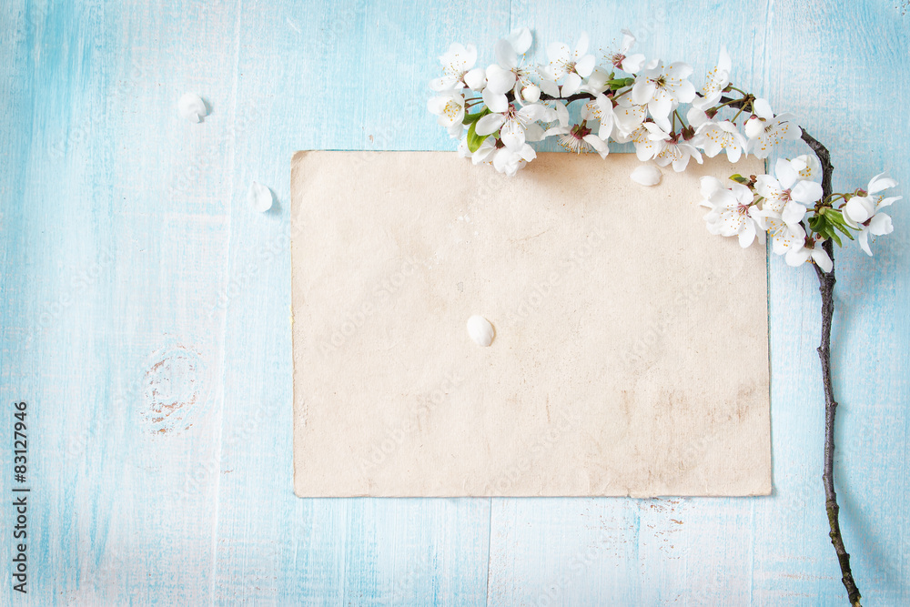 Cherry flowers on wooden board