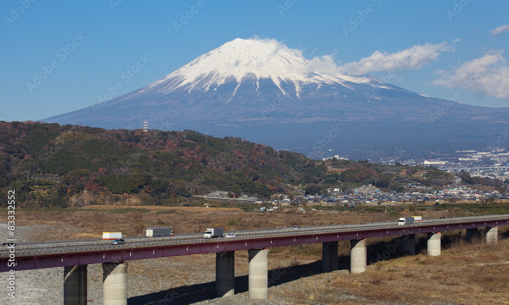 Mountain Fuji and expressway in winter season from Shizuoka 