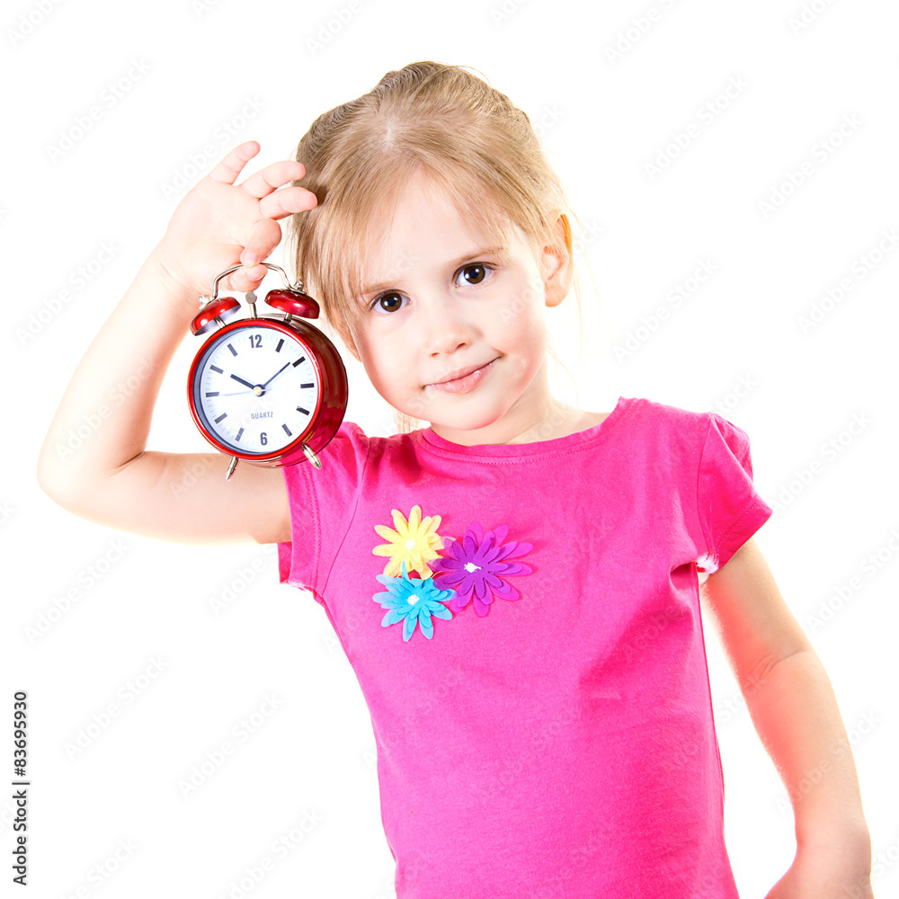 Little Girl with Watch Isolated on White Background