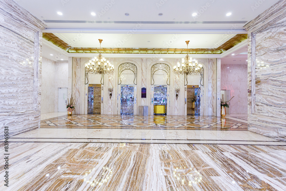 Elevator and decorations in hotel hall