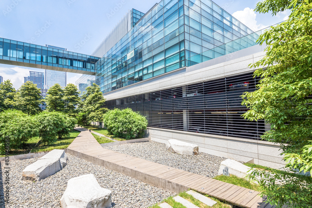 modern building and green footpath