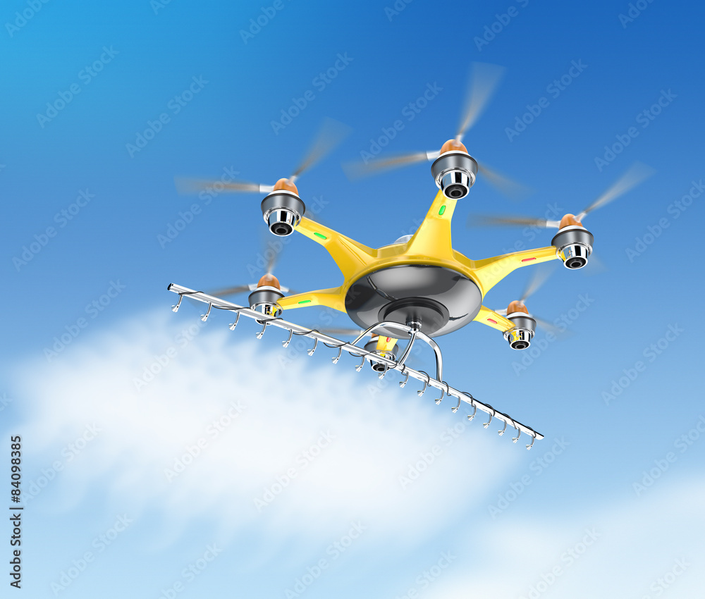 Hexacopter with crop sprayer flying in the sky