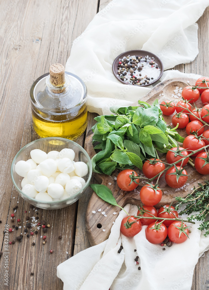 Basil, cherry-tomatoes, mozarella, olive oil,  salt, spices on