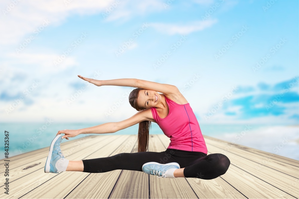 Stretching, woman, yoga.