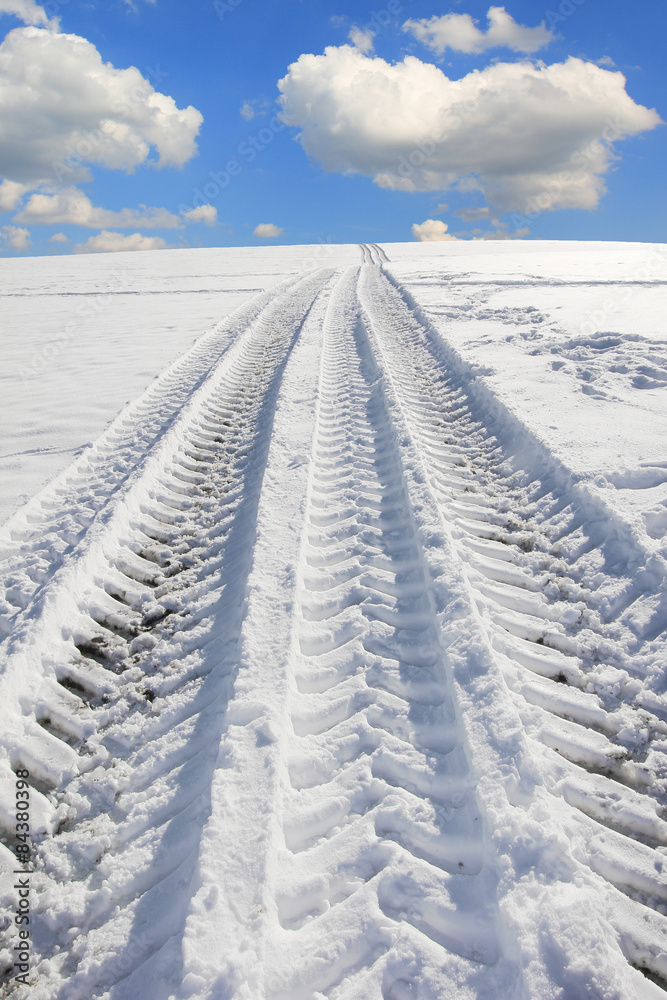 在Schnee的Traktorspuren