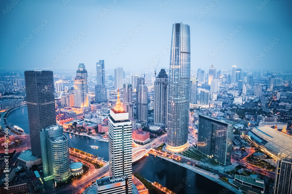 aerial view of tianjin in nightfall