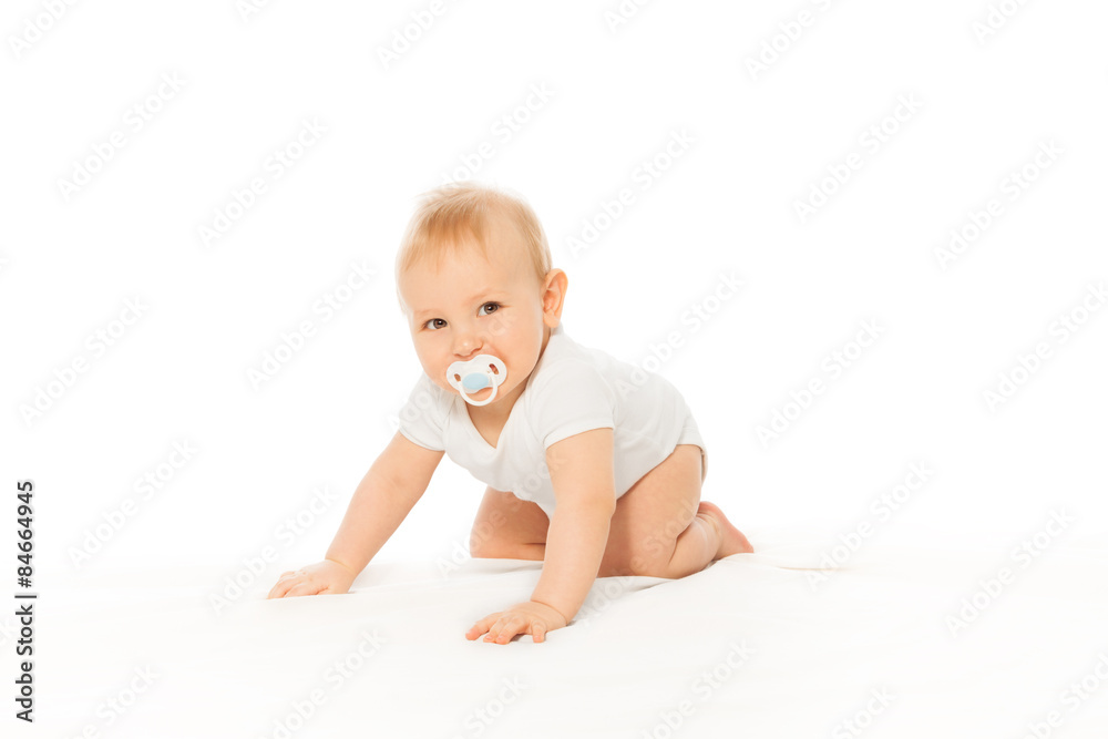 Baby with passy in his mouth wear white bodysuit