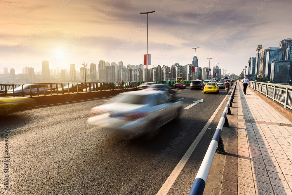 traffic blurred motion on bridge