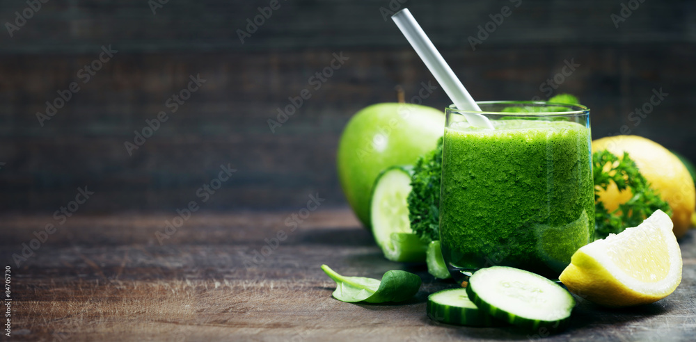 Fresh organic green smoothie - detox, diet and healthy food conc