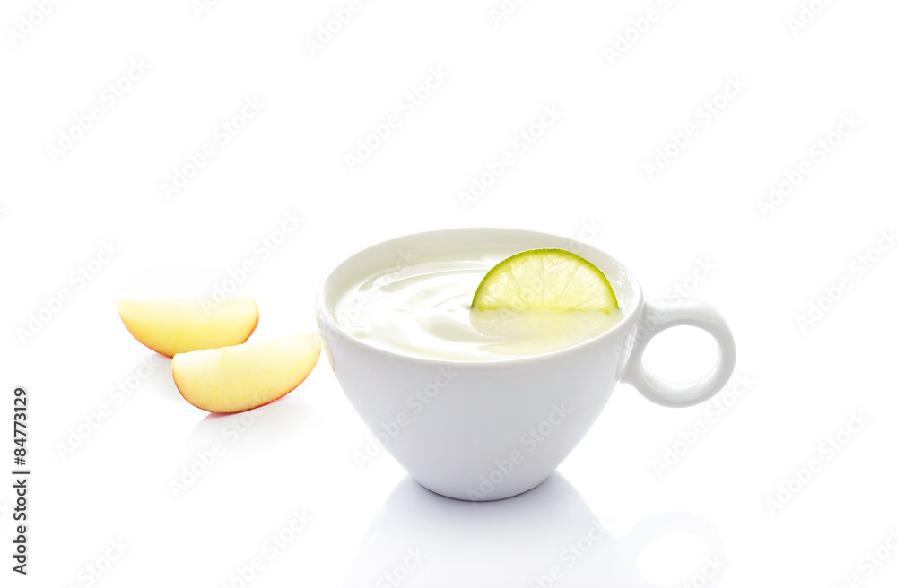 Detox diet, yoghurt in cup with lemon and apple 