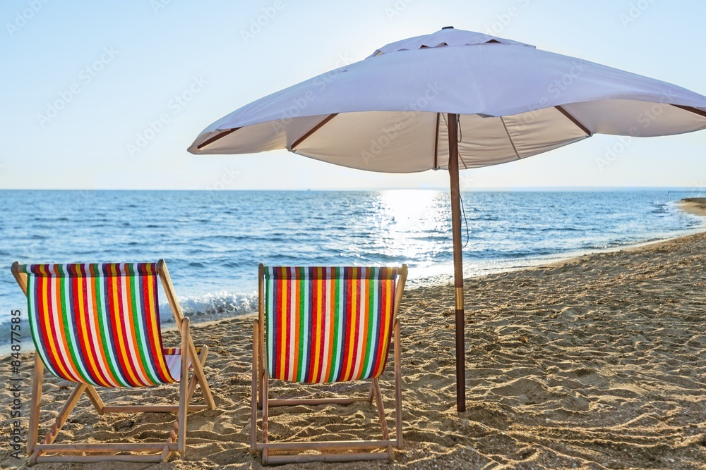 Beach, chair, sunset.