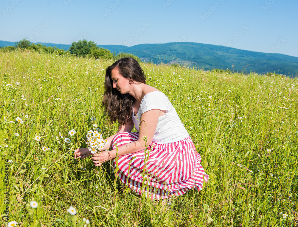 年轻的深色皮肤女人在夏天的草地上摘雏菊