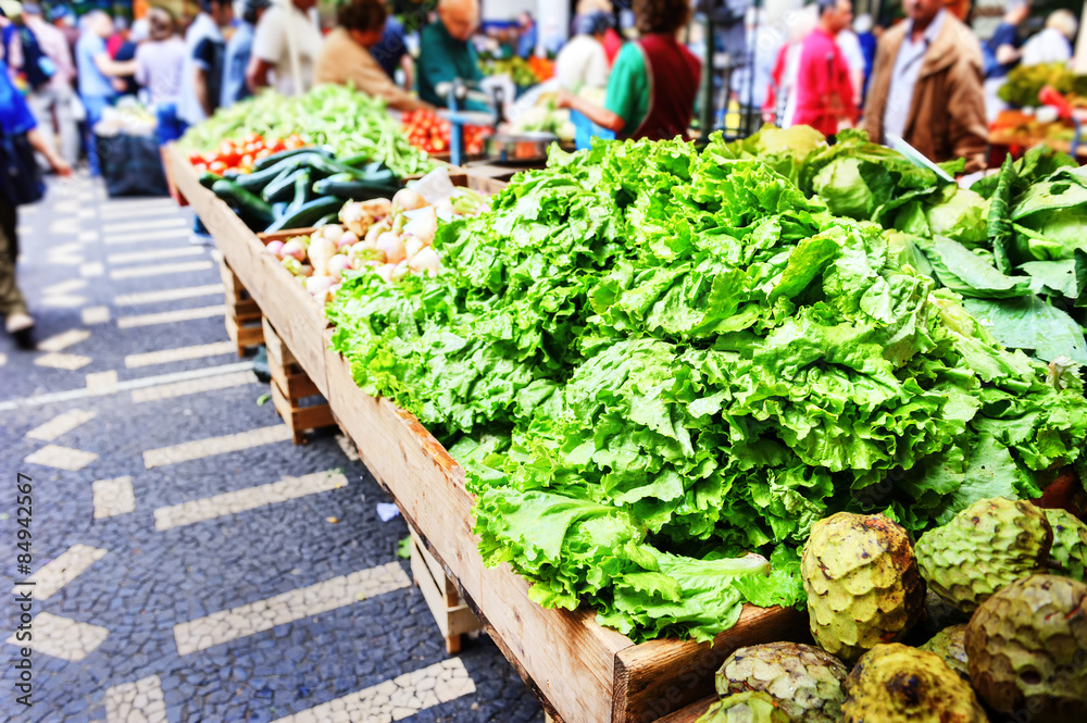 Fresh vegetables and fruits in Mercado Dos Lavradores. Funchal,