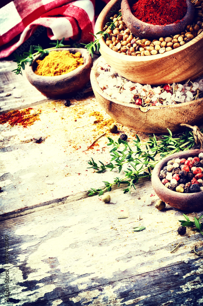 Colorful mix of various spices and herbs