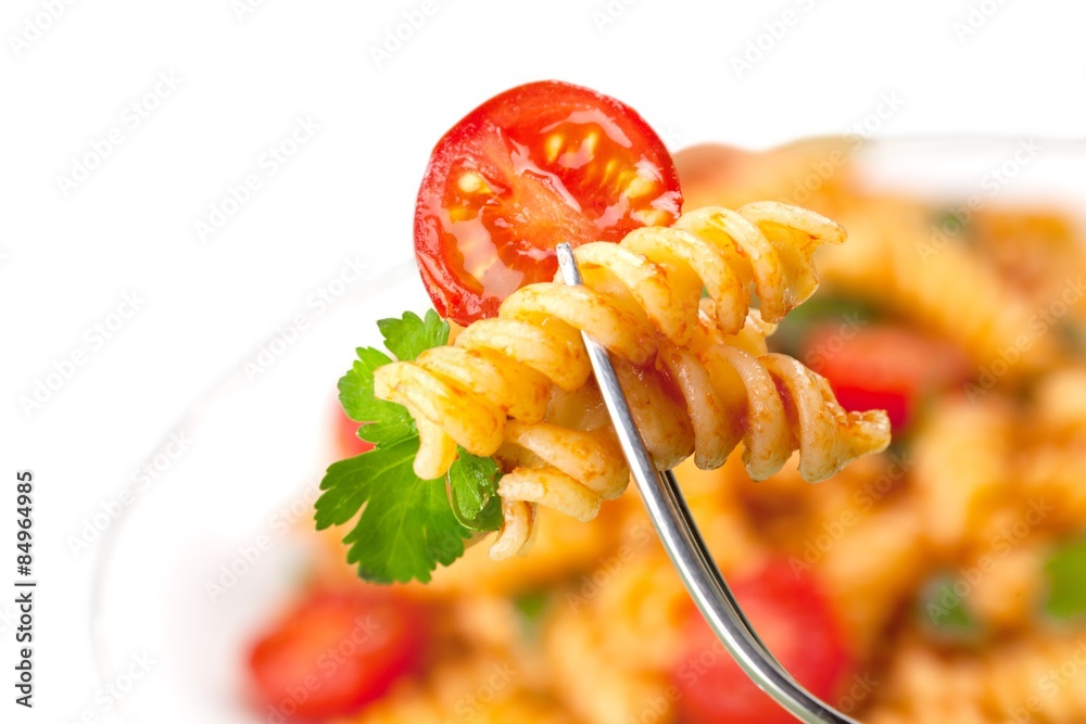 Pasta, tomato, closeup.