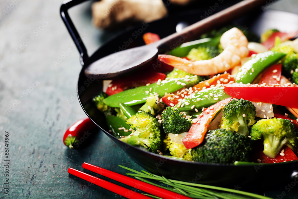 colorful stir fry in a wok