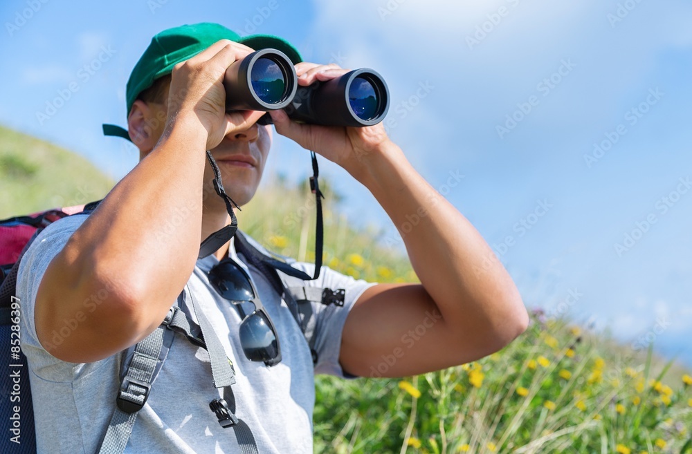 Hiking, Binoculars, Mountain.