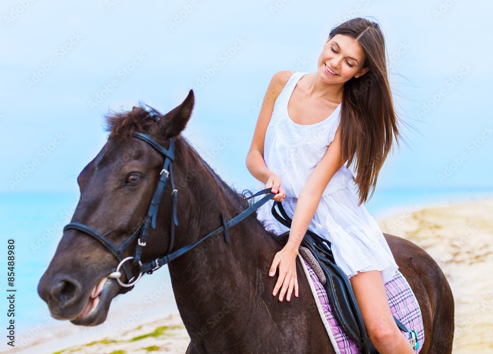 Beach, woman, horseback.