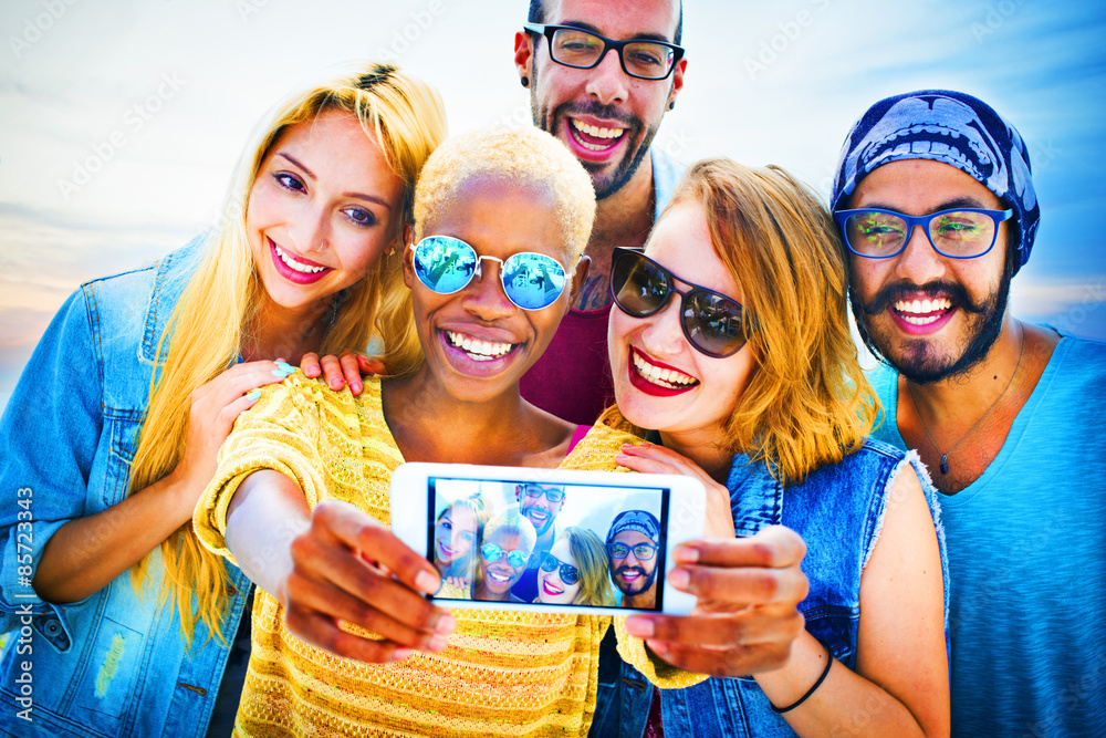 Diverse Summer Friends Fun Bonding Selfie Concept