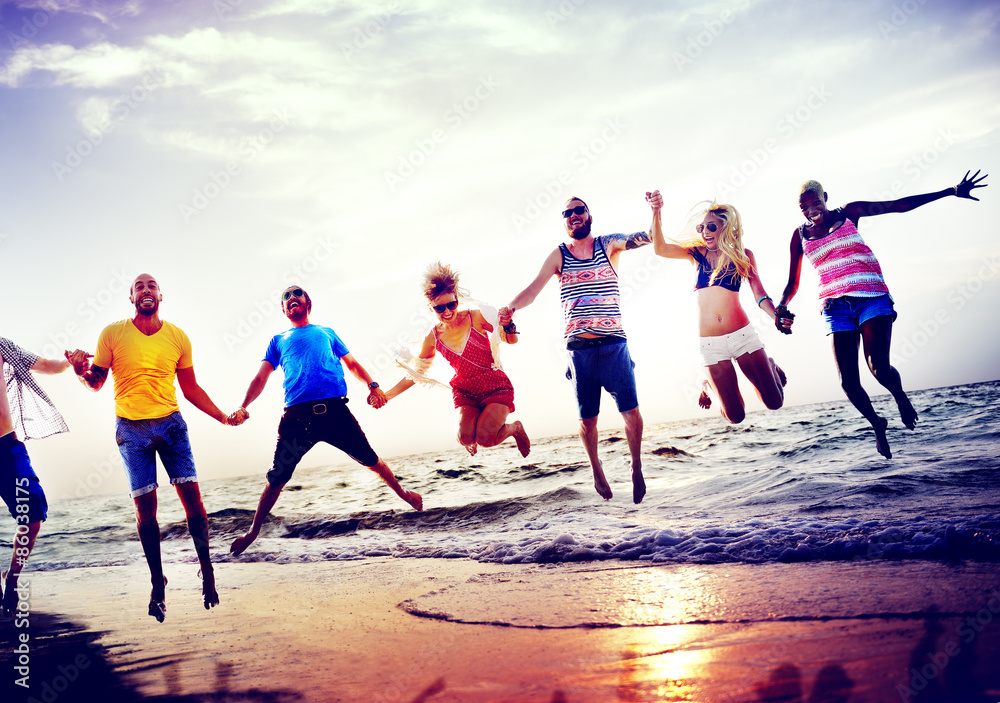 Diverse Beach Summer Friends Fun Jump Shot Concept