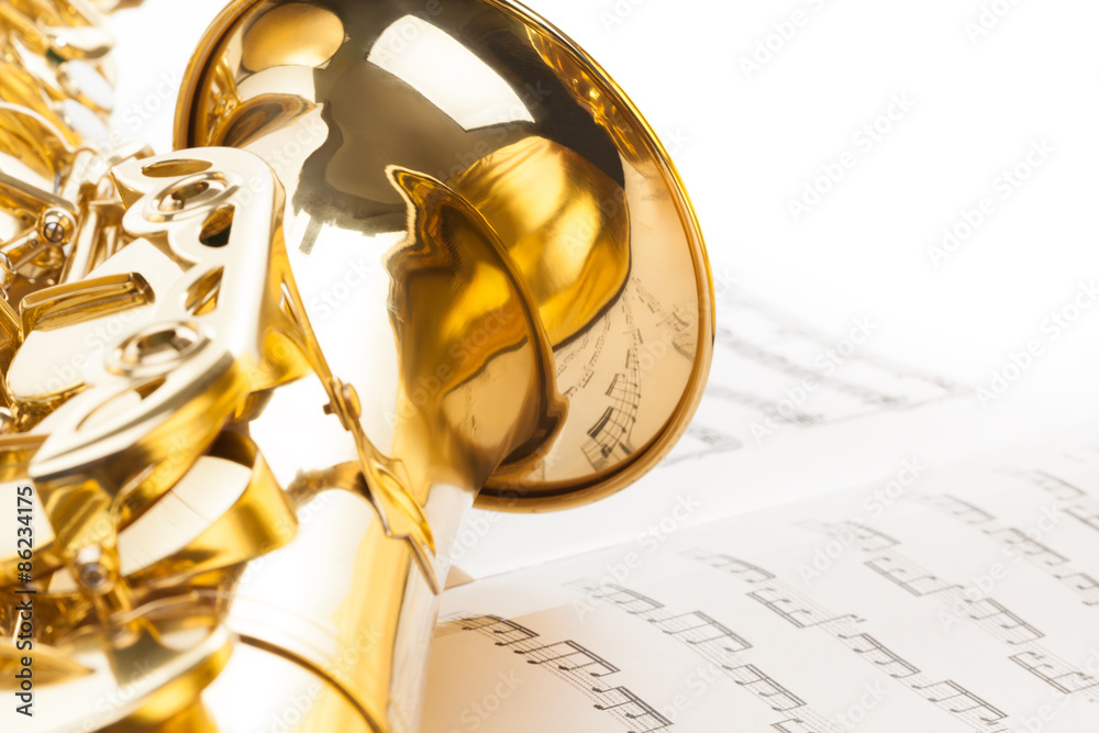 Alto saxophone with detailed view of bell