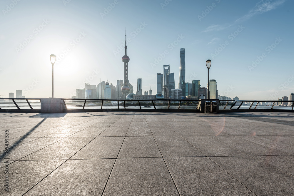 panoramic skyline of shanghai with empty street floor