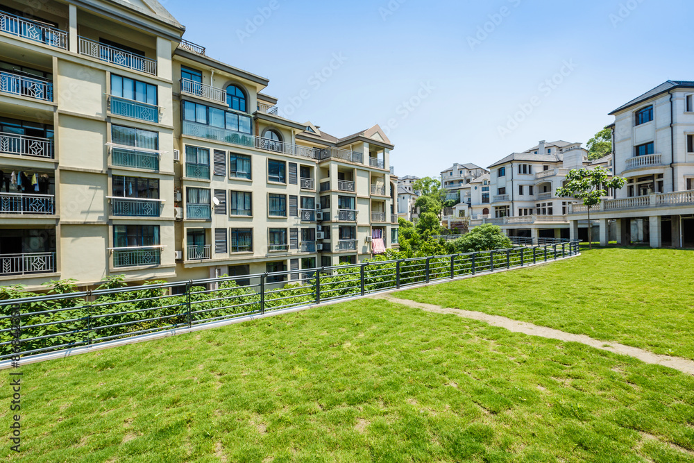 apartment building in suburban area