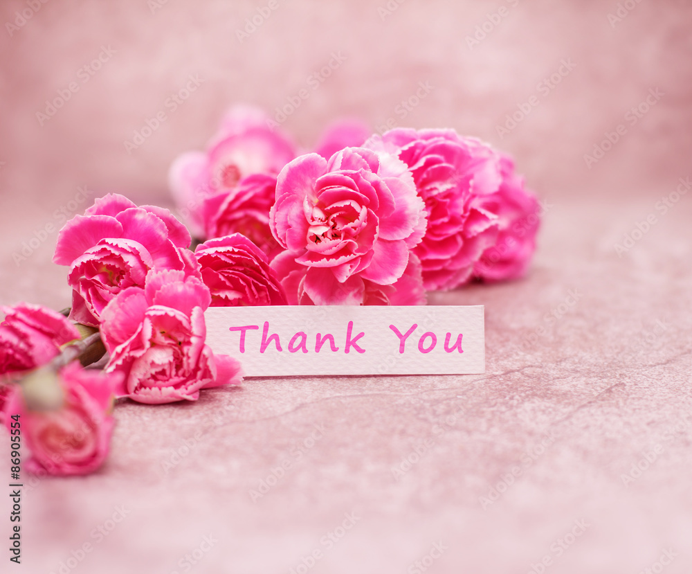  carnation flowers with Thank you wording on white card paper