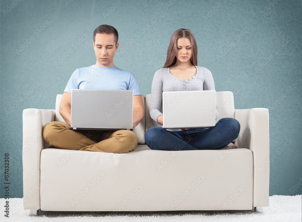 Sofa, Laptop, Couple.