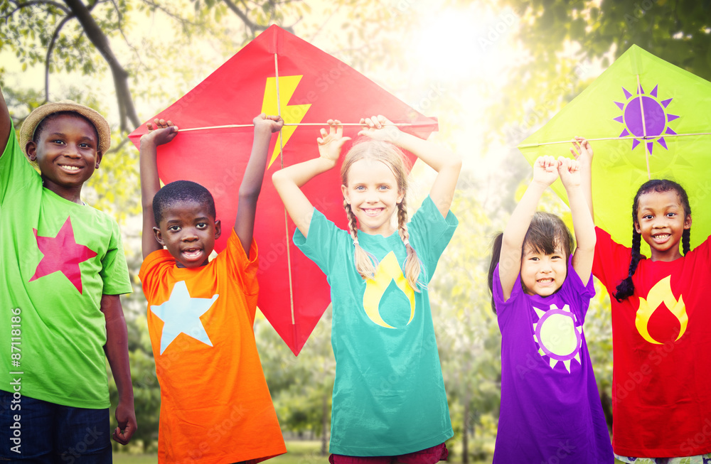 Children Flying Kite Playful Friendship Concept