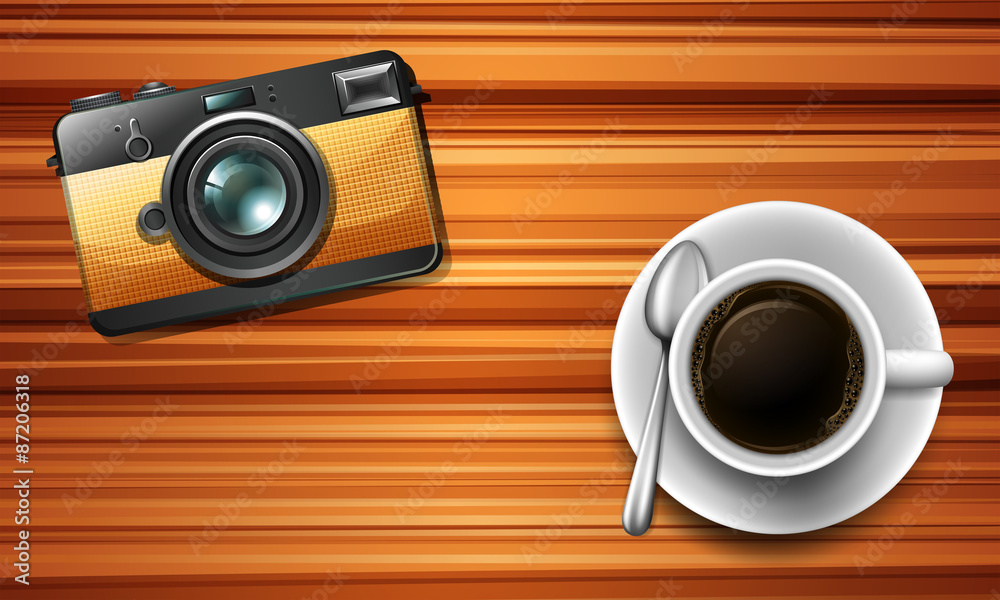 Camera and a coffee on table