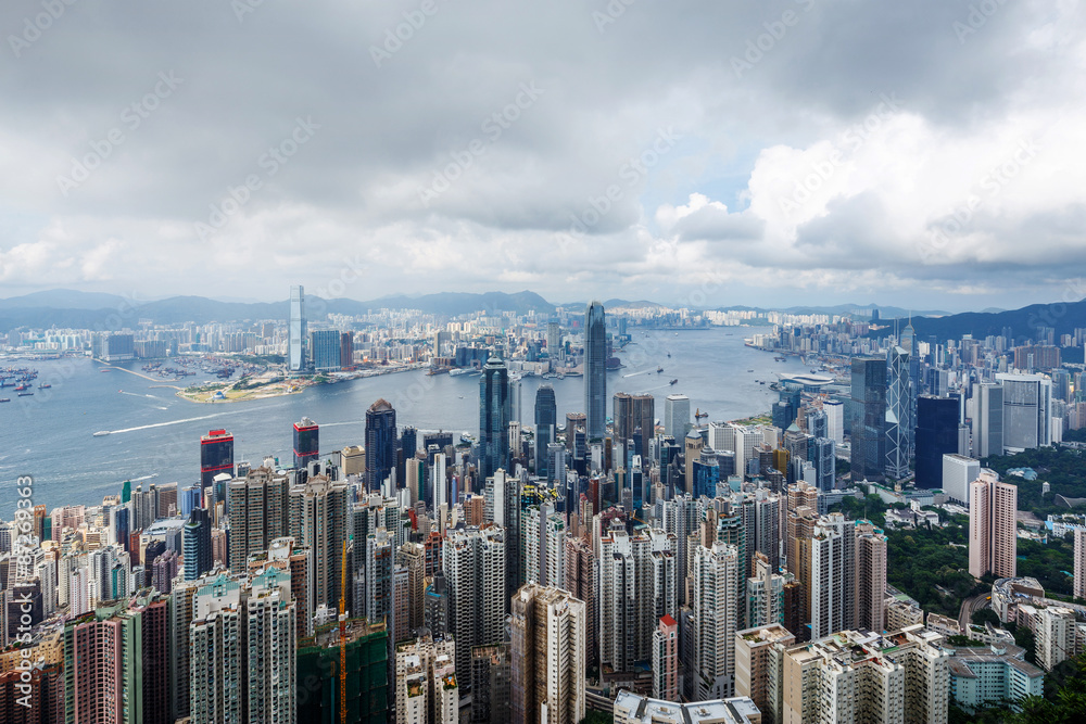 香港天际线和城市景观的高角度视图