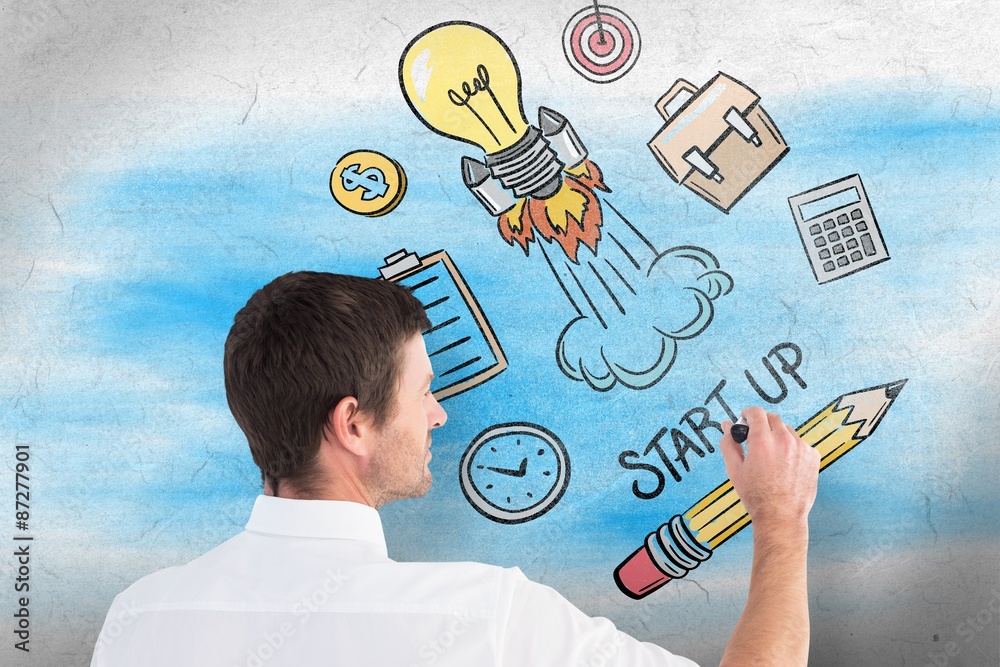 Composite image of business man writing with chalk