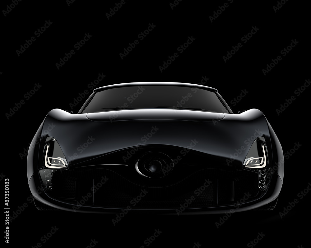 Front view of black sports car isolated on black background. 