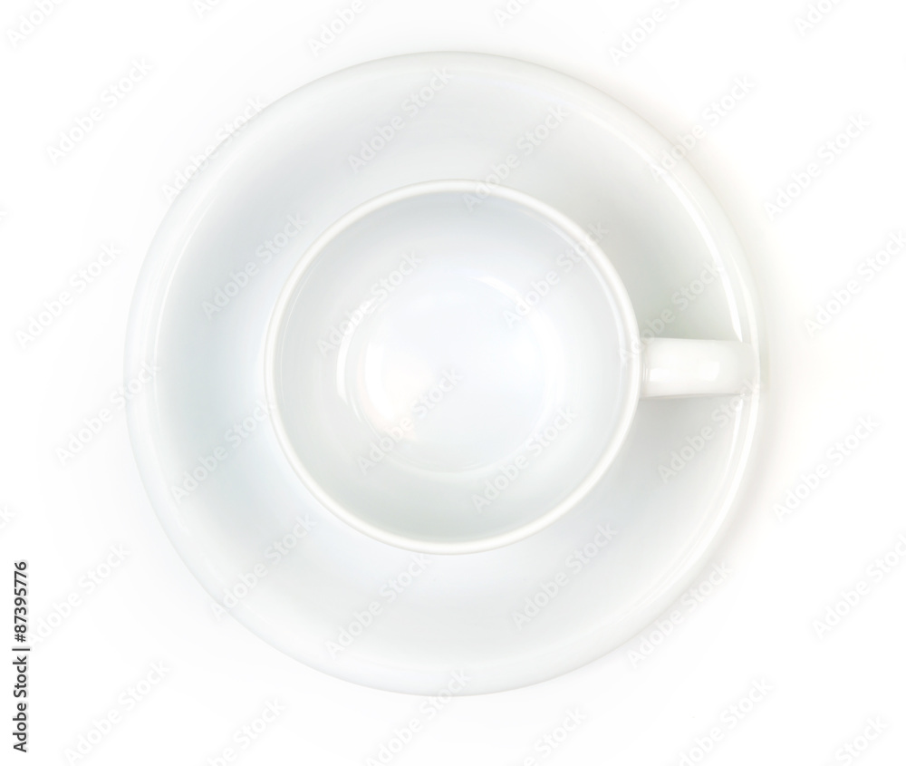 Top view of white tea or coffee cup on white background