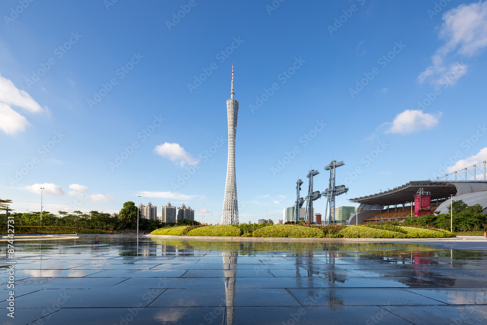 Modern skyline and buildings with empty square floor