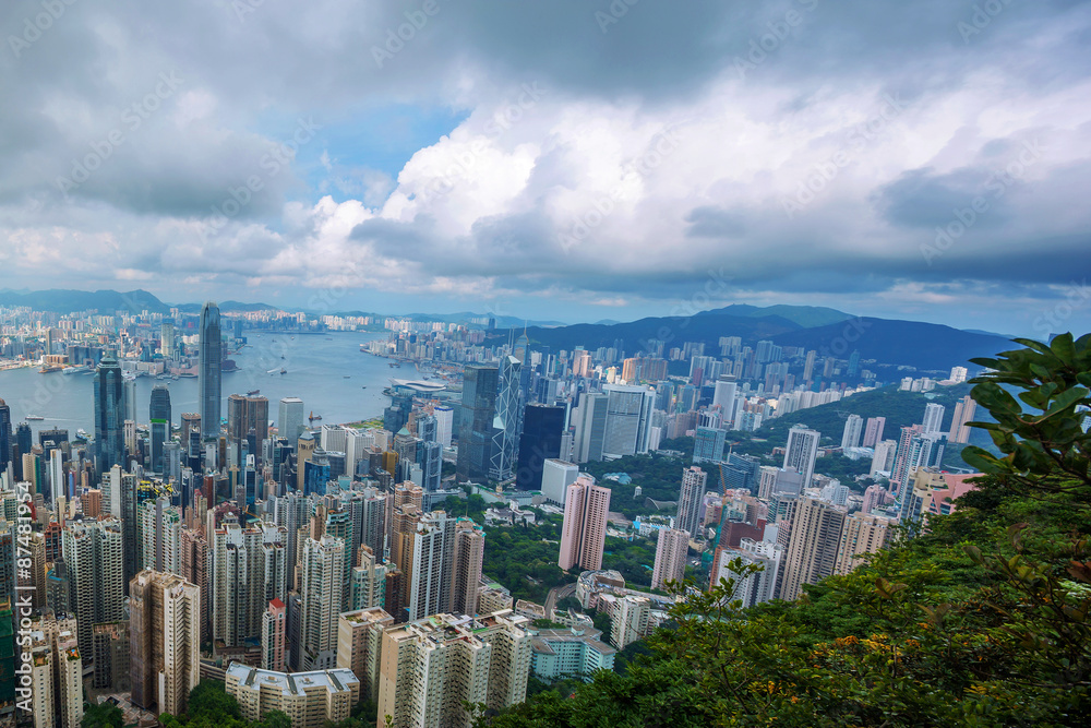 high angle view of skyline and cityscape of hong kong