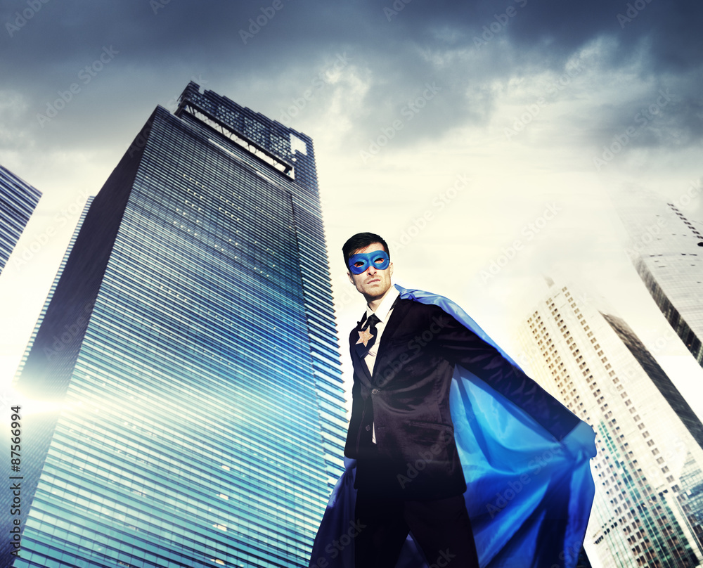 Superhero Businessman Strength Cityscape Cloudscape Concept