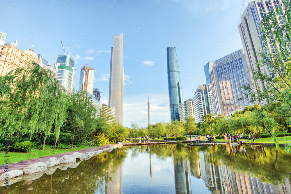 Park and skyscrapers in modern city