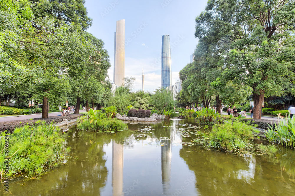 Park and skyscrapers in modern city